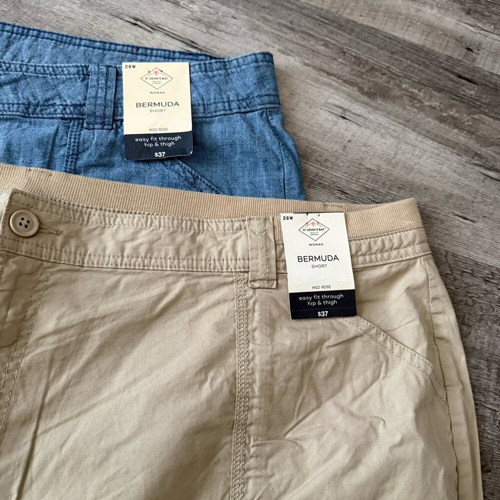 Lot of 2 St John’s Bay Bermuda Shorts Womens Plus Sz 26W Khaki Blue Cotton NEW - Picture 9 of 10